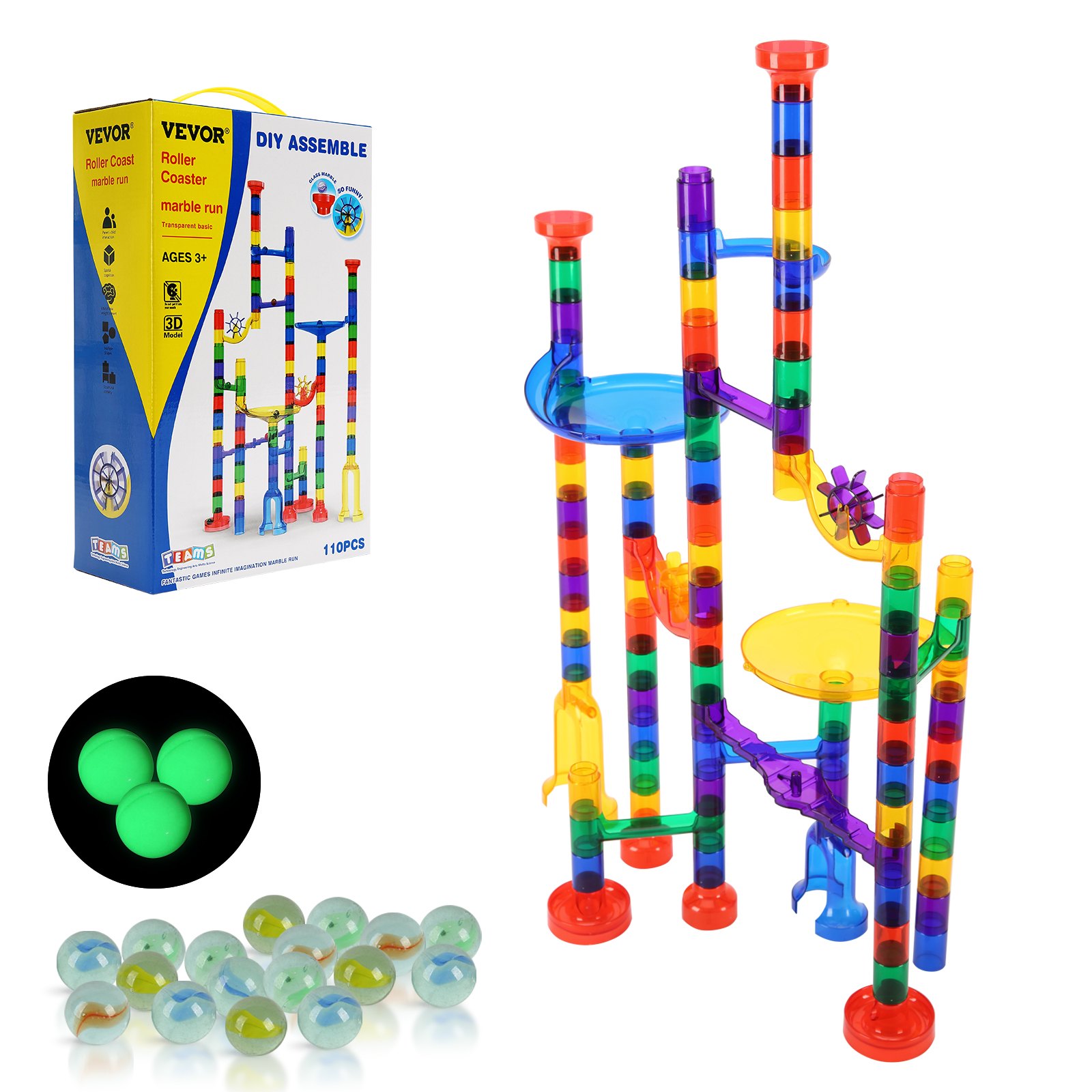 VEVOR Murmelbahn-Set 110-teiliges Murmellabyrinth-Baustein-Denkspiel, mit 10 im Dunkeln leuchtenden Murmeln + 20 Glasmurmeln, pädagogisches Lernrennbahn-MINT-Spielzeug, für Kinder ab 3 Jahren