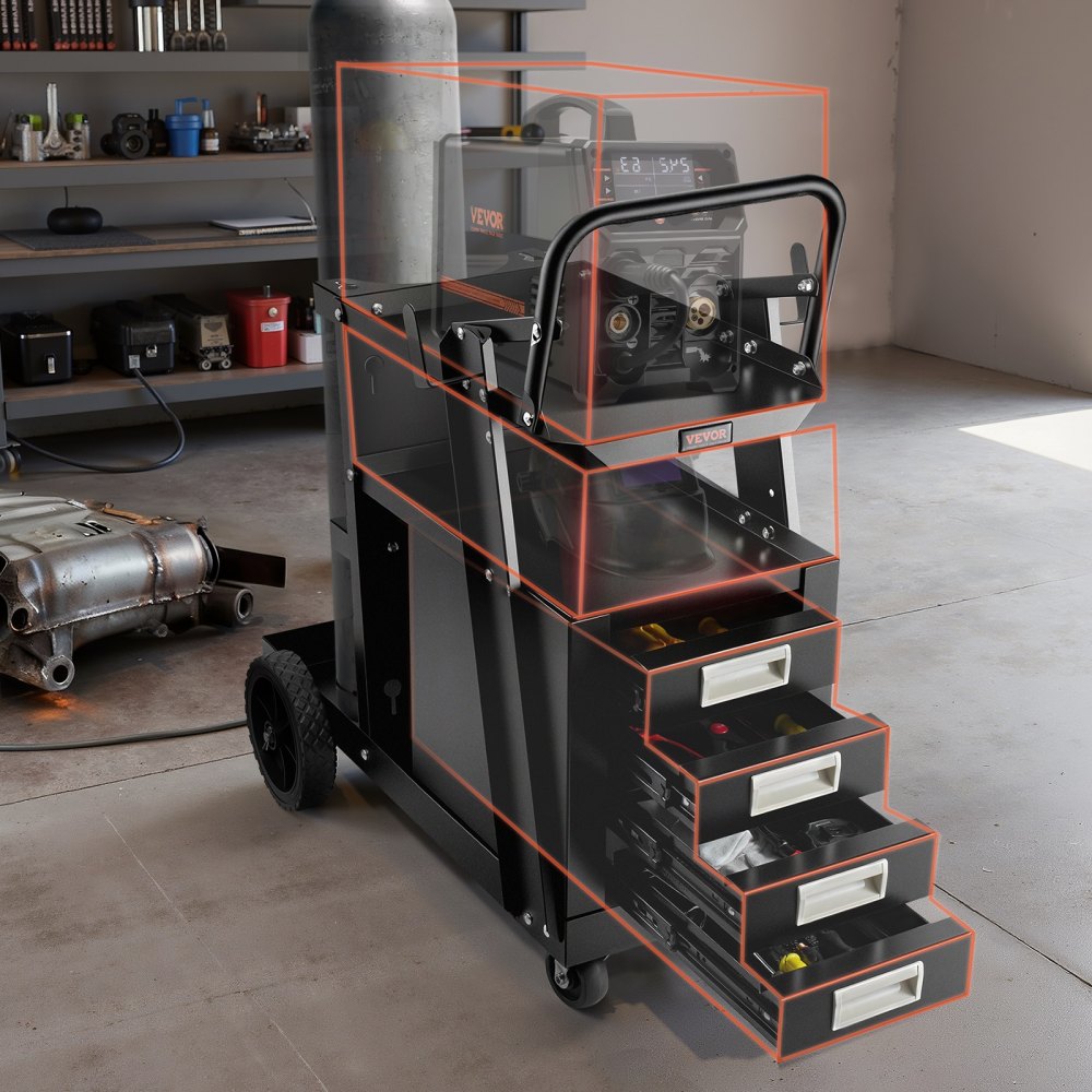VEVOR Schweißwagen 2 Ablageflächen mit 4 Schubladen Schweißmobil Max. 100-120kg Wagen für Schweßgeräte mit 2 Gasflaschenhalterung Ideal für Handschweißen Schutzgasschweißen Argon-Lichtbogenschweißen