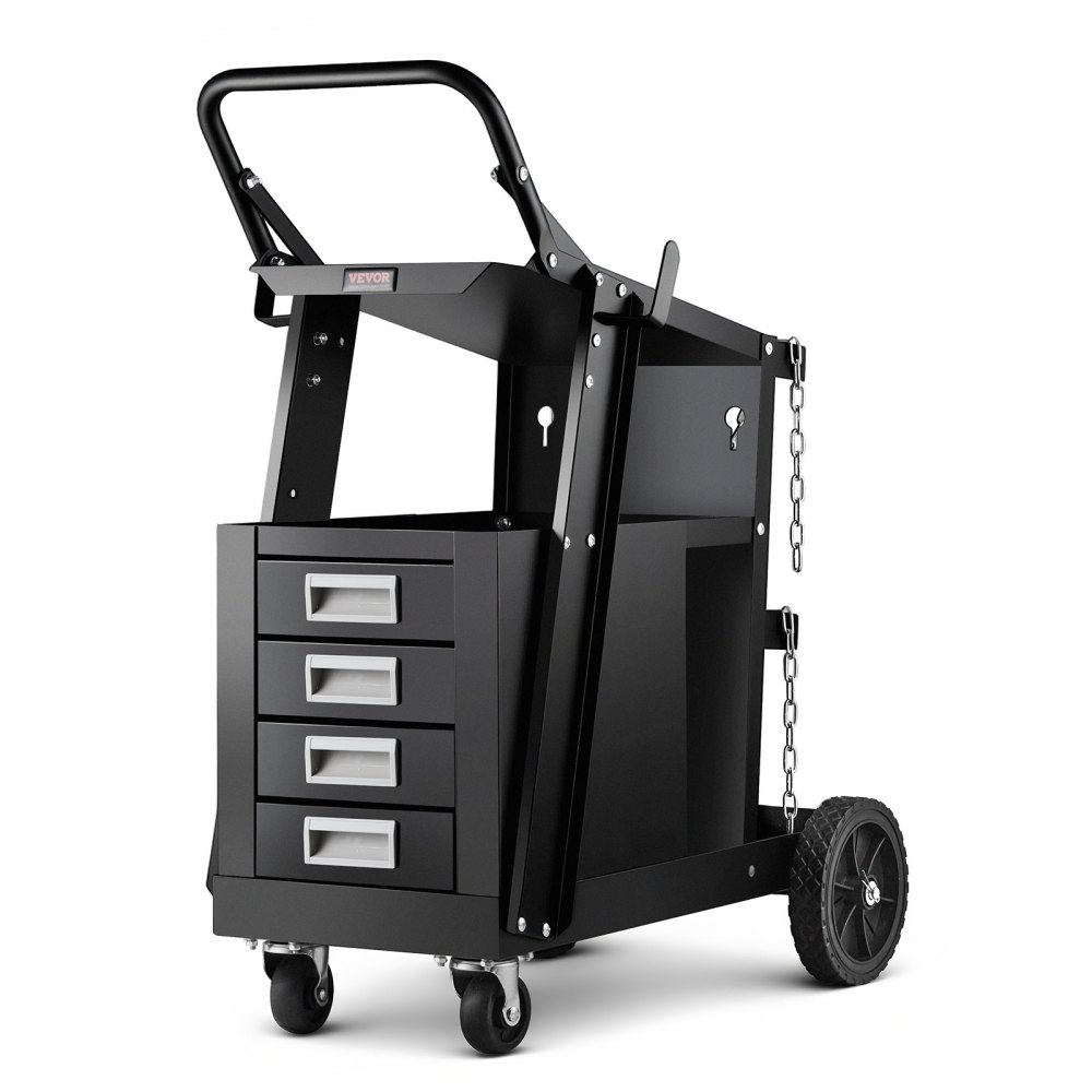 VEVOR Schweißwagen 2 Ablageflächen mit 4 Schubladen Schweißmobil Max. 100-120kg Wagen für Schweßgeräte mit 2 Gasflaschenhalterung Ideal für Handschweißen Schutzgasschweißen Argon-Lichtbogenschweißen