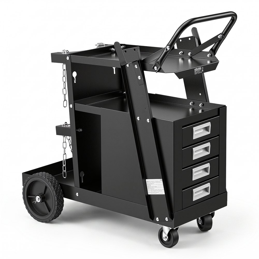 VEVOR Schweißwagen 2 Ablageflächen mit 4 Schubladen Schweißmobil Max. 100-120kg Wagen für Schweßgeräte mit 2 Gasflaschenhalterung Ideal für Handschweißen Schutzgasschweißen Argon-Lichtbogenschweißen