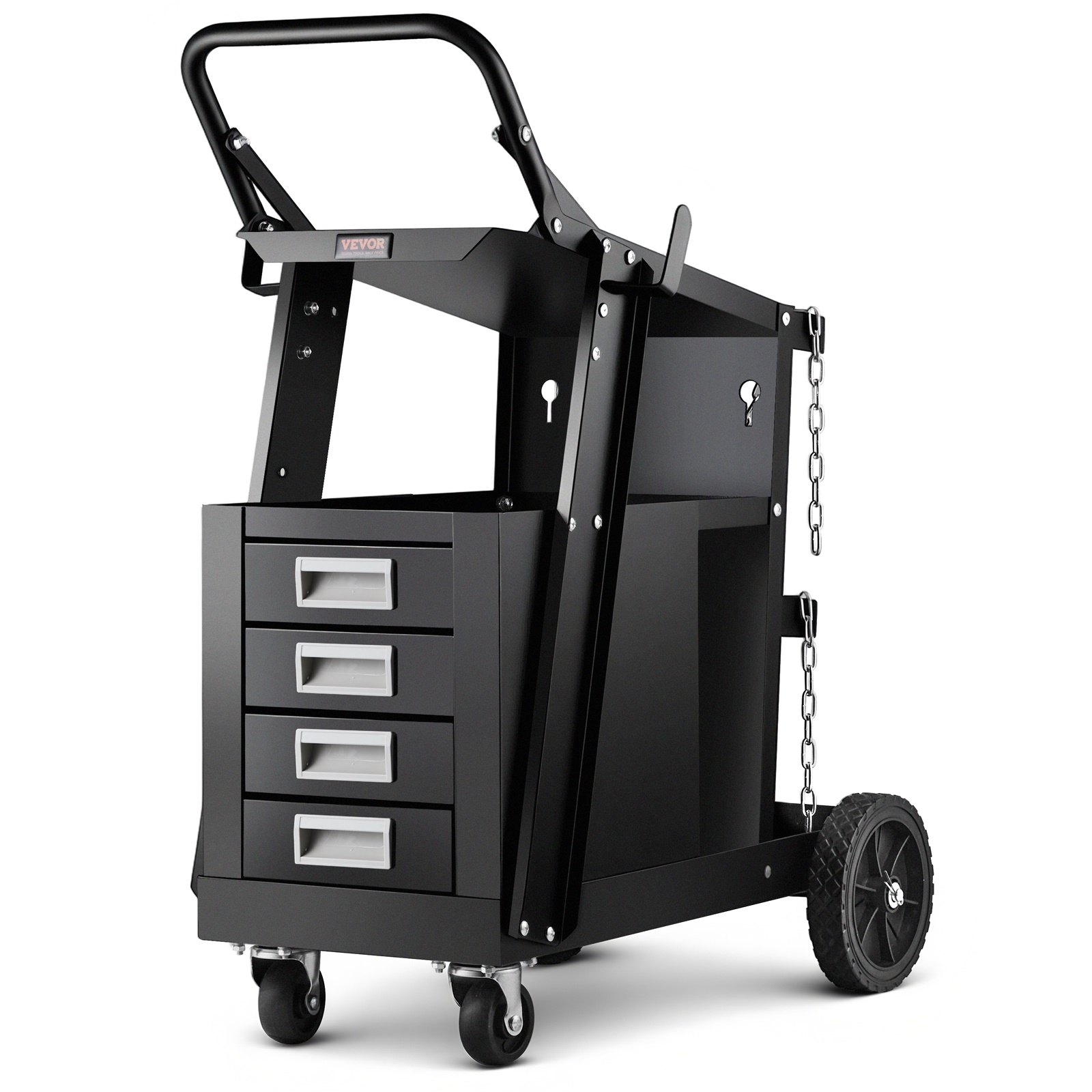 VEVOR Schweißwagen 2 Ablageflächen mit 4 Schubladen Schweißmobil Max. 100-120kg Wagen für Schweßgeräte mit 2 Gasflaschenhalterung Ideal für Handschweißen Schutzgasschweißen Argon-Lichtbogenschweißen