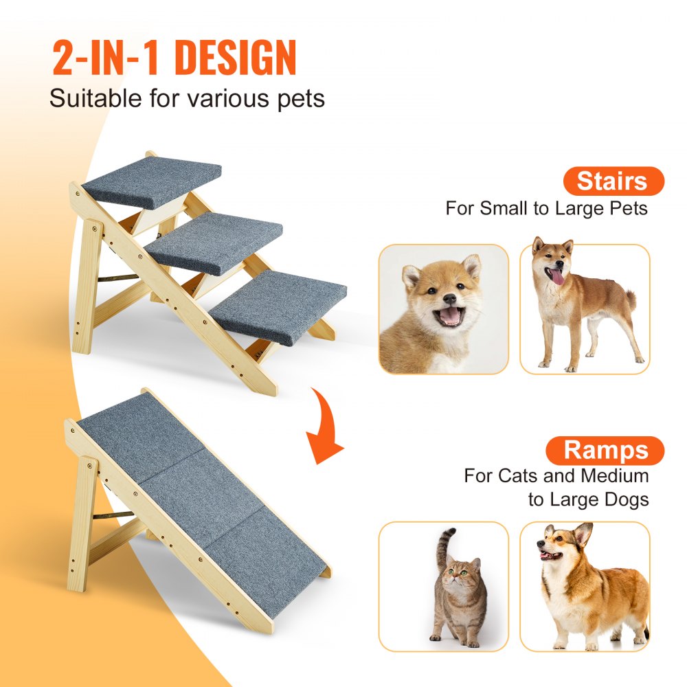 VEVOR Holz-Haustiertreppe/Haustierstufen, 2-in-1 faltbare Hundetreppe aus Holz für Betten, Sofas und Autos, Hundetreppe und Rampe mit 3 Stufen für kleine, mittelgroße und große Haustiere, bis zu 68 kg