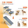 2-in-1-Haustiertreppe und Rampe von VEVOR, geeignet für verschiedene Haustiere, mit Bildern von Hunden und einer Katze.