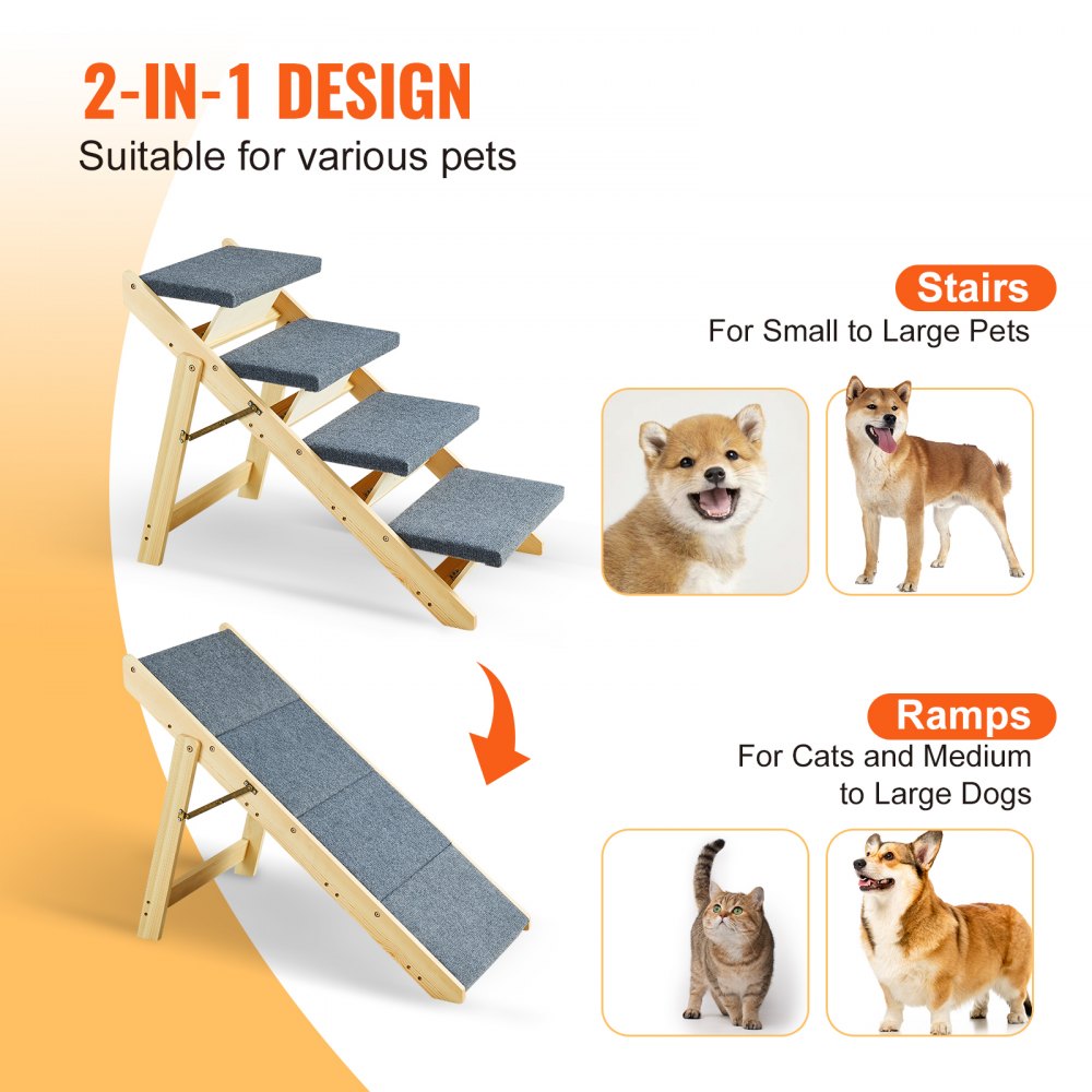 VEVOR Holz-Haustiertreppe/Haustierstufen, 2-in-1 faltbare Hundetreppe aus Holz für Betten, Sofas und Autos, Hundetreppe und Rampe mit 4 Stufen für kleine, mittelgroße und große Haustiere, bis zu 68 kg
