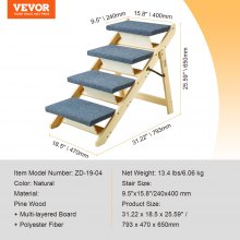 VEVOR Holz Haustiertreppe Haustierstufe 4 Stufen Hundetreppe 785x470x650mm