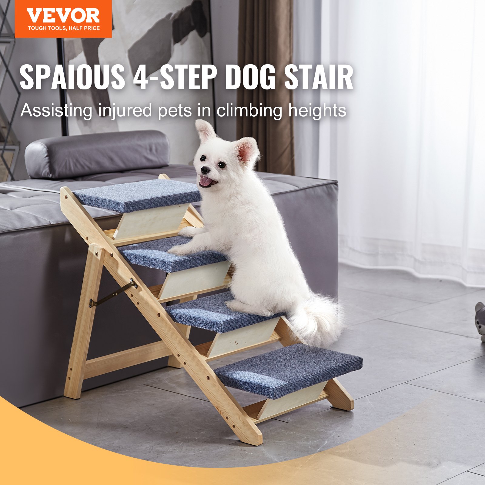 VEVOR Holz-Haustiertreppe/Haustierstufen, 2-in-1 faltbare Hundetreppe aus Holz für Betten, Sofas und Autos, Hundetreppe und Rampe mit 4 Stufen für kleine, mittelgroße und große Haustiere, bis zu 68 kg
