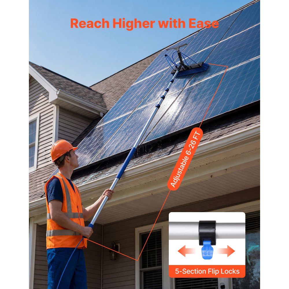 VEVOR Solar Panel Cleaning Kit, 7.99 m, Water Fed Pole Kit with Cleaning Brush, Squeegee, Soap Dispenser, Extendable Aluminum Telescopic Pole, 180° Rotatable Brush Head, for Roof Mounted Solar Panels
