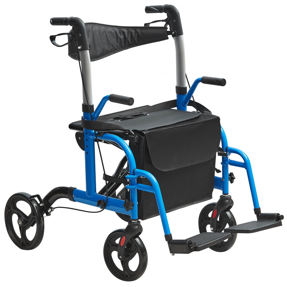 VEVOR Rollator mit blauem Rahmen, schwarzem Sitz, vier Rädern und verstellbaren Griffen.