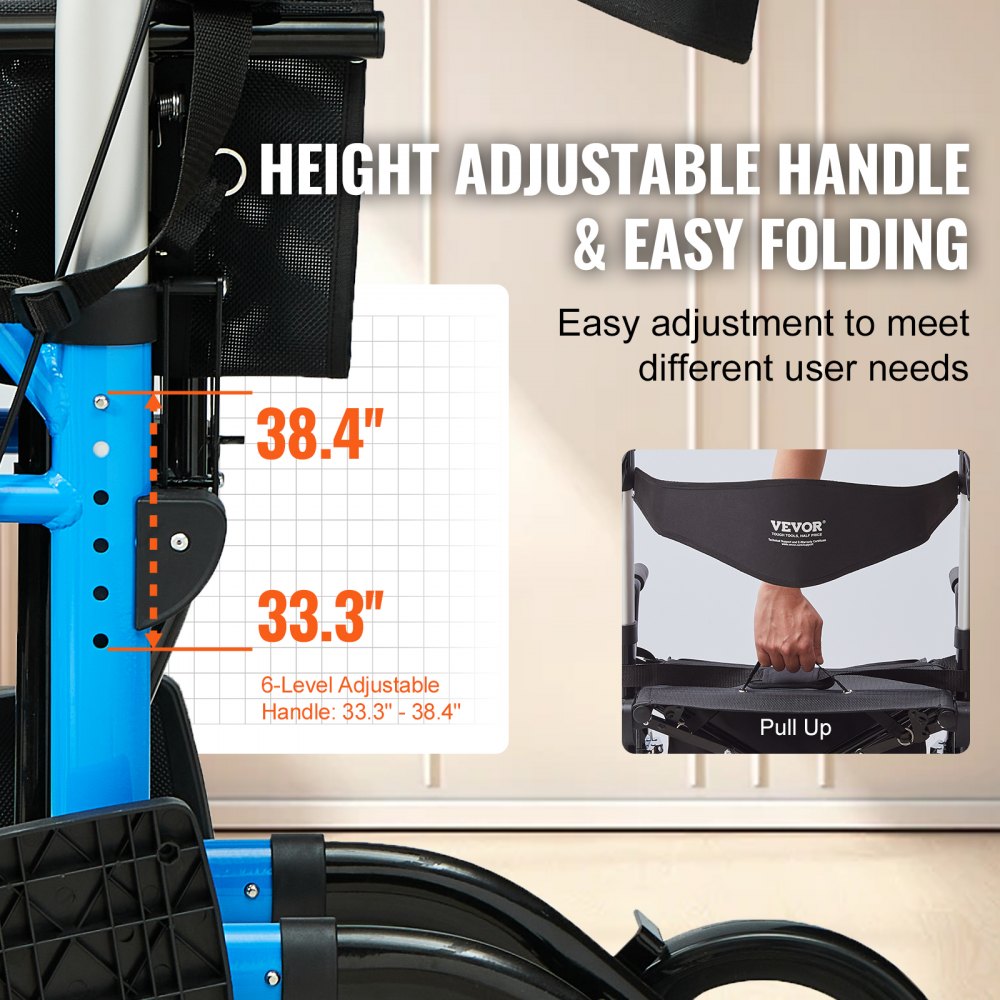 VEVOR 2-in-1 Rollator und Transportstuhl für Senioren zusammenklappbare Rollator-Rollstuhl-Kombination und Fußstützen leichter Aluminium-Rollator mit verstellbarem Griff All-Terrain-Räder 136 kg Blau