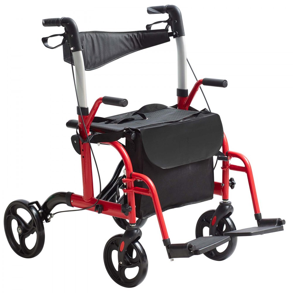 roter VEVOR Rollator, Gehwagen, Transportstuhl mit schwarzem Sitz, Rückenlehne und Fußstützen.