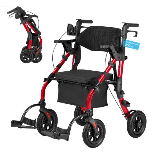 VEVOR 2-in-1 Rollator Faltbar mit Sitz, Leichter Gehwagen mit Reifen, Gehhilfe bis 136 kg mit Rückenlehne Tasche Gehstockhalter, Höhenverstellbare Laufhilfe mit Feststellfunktion für Senioren, Rot