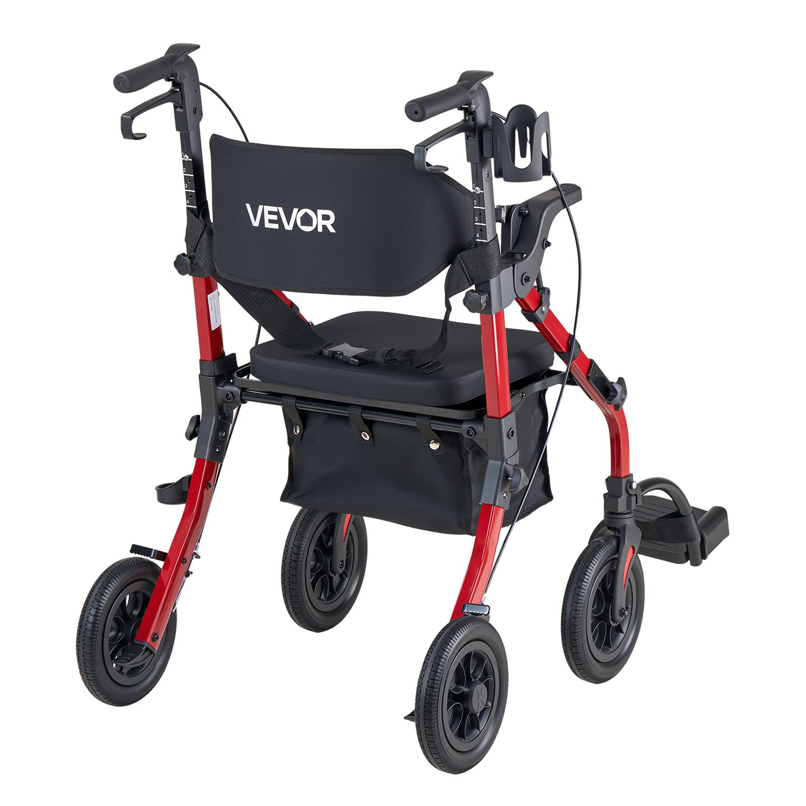 VEVOR 2-in-1 Rollator Faltbar mit Sitz, Leichter Gehwagen mit Reifen, Gehhilfe bis 136 kg mit Rückenlehne Tasche Gehstockhalter, Höhenverstellbare Laufhilfe mit Feststellfunktion für Senioren, Rot