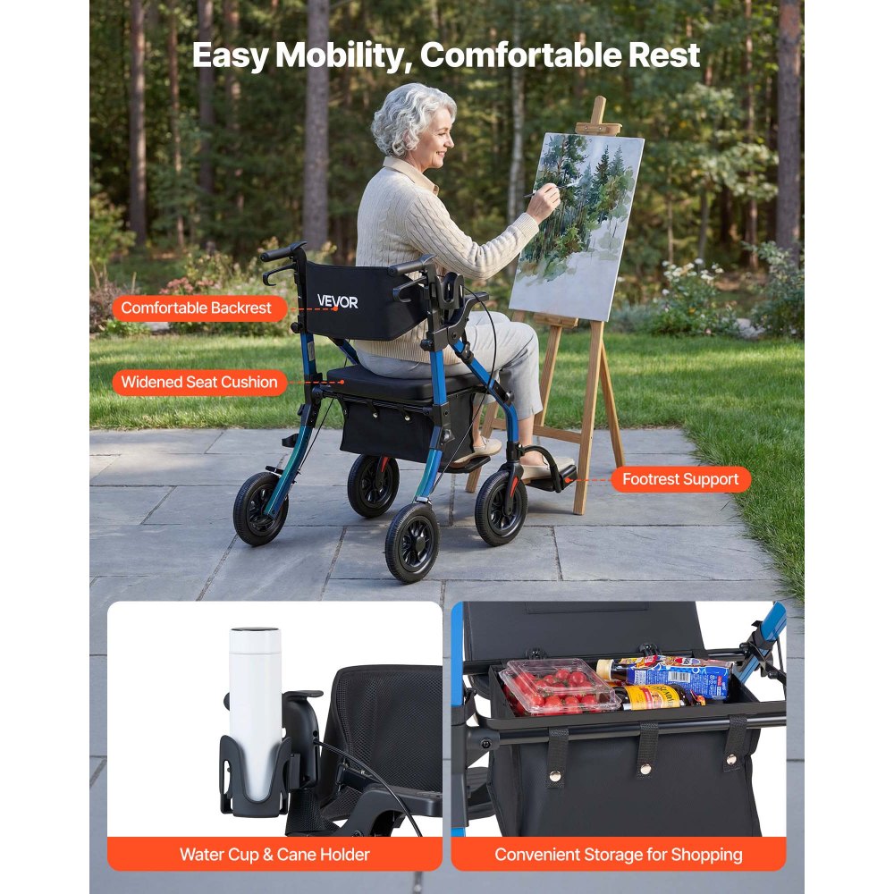 VEVOR 2-in-1 Rollator Faltbar mit Sitz, Leichter Gehwagen mit Reifen, Gehhilfe bis 136 kg mit Rückenlehne Tasche Gehstockhalter, Höhenverstellbare Laufhilfe mit Feststellfunktion für Senioren, Blau