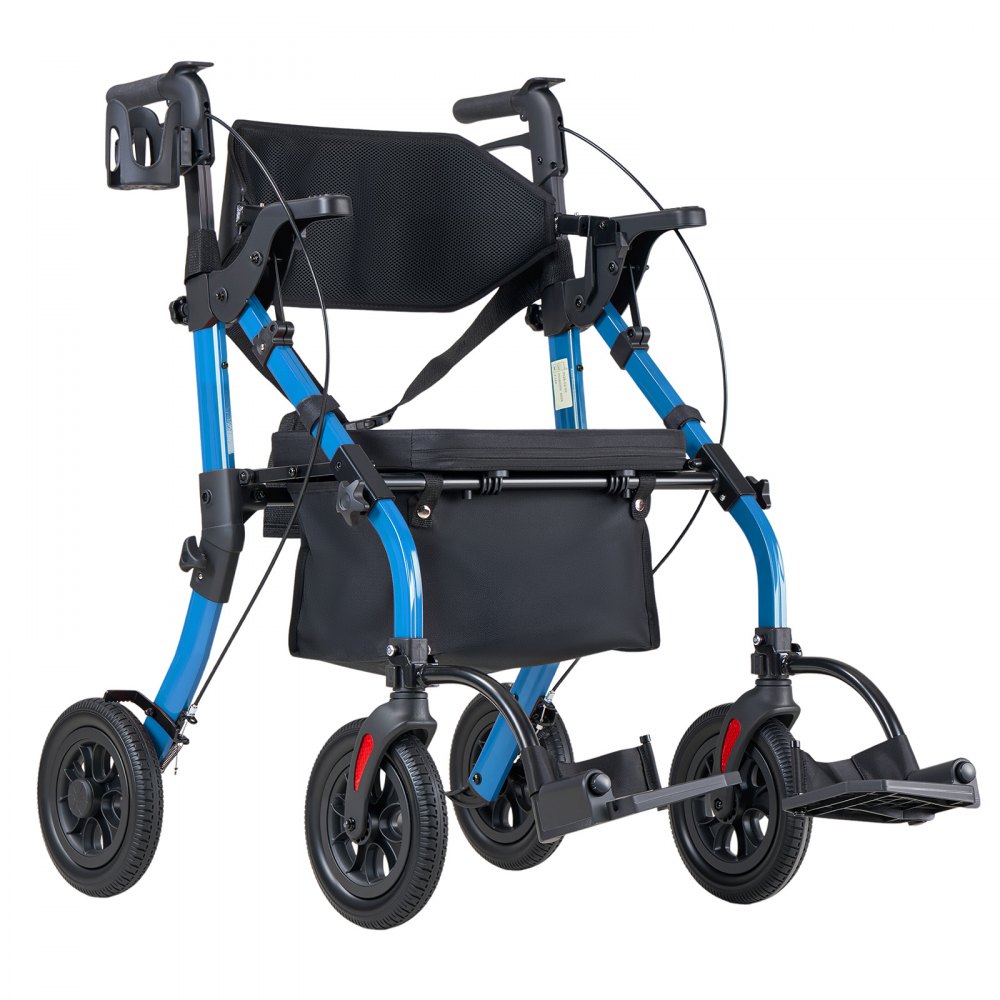 VEVOR 2-in-1 Rollator Faltbar mit Sitz, Leichter Gehwagen mit Reifen, Gehhilfe bis 136 kg mit Rückenlehne Tasche Gehstockhalter, Höhenverstellbare Laufhilfe mit Feststellfunktion für Senioren, Blau