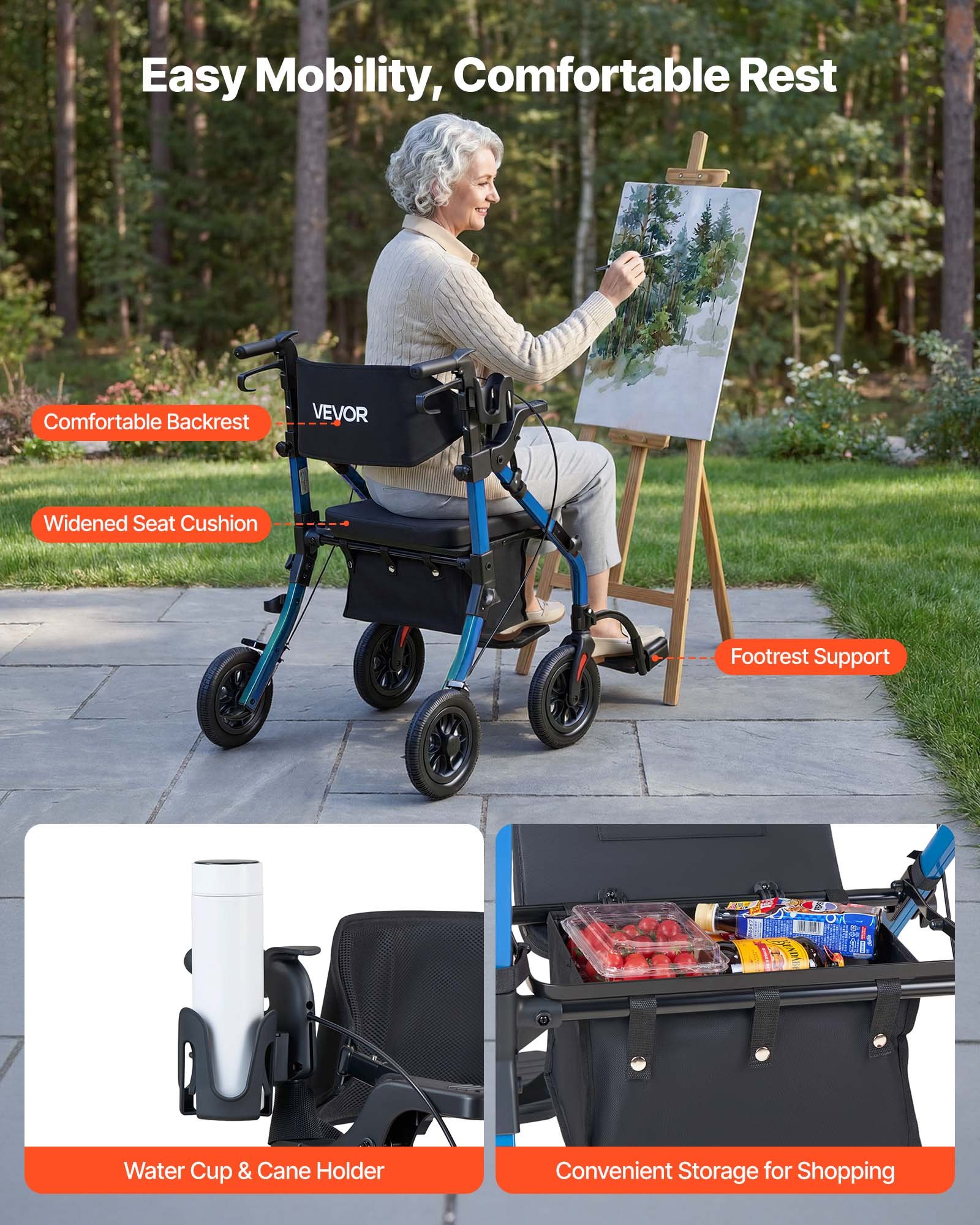 VEVOR 2-in-1 Rollator Faltbar mit Sitz, Leichter Gehwagen mit Reifen, Gehhilfe bis 136 kg mit Rückenlehne Tasche Gehstockhalter, Höhenverstellbare Laufhilfe mit Feststellfunktion für Senioren, Blau