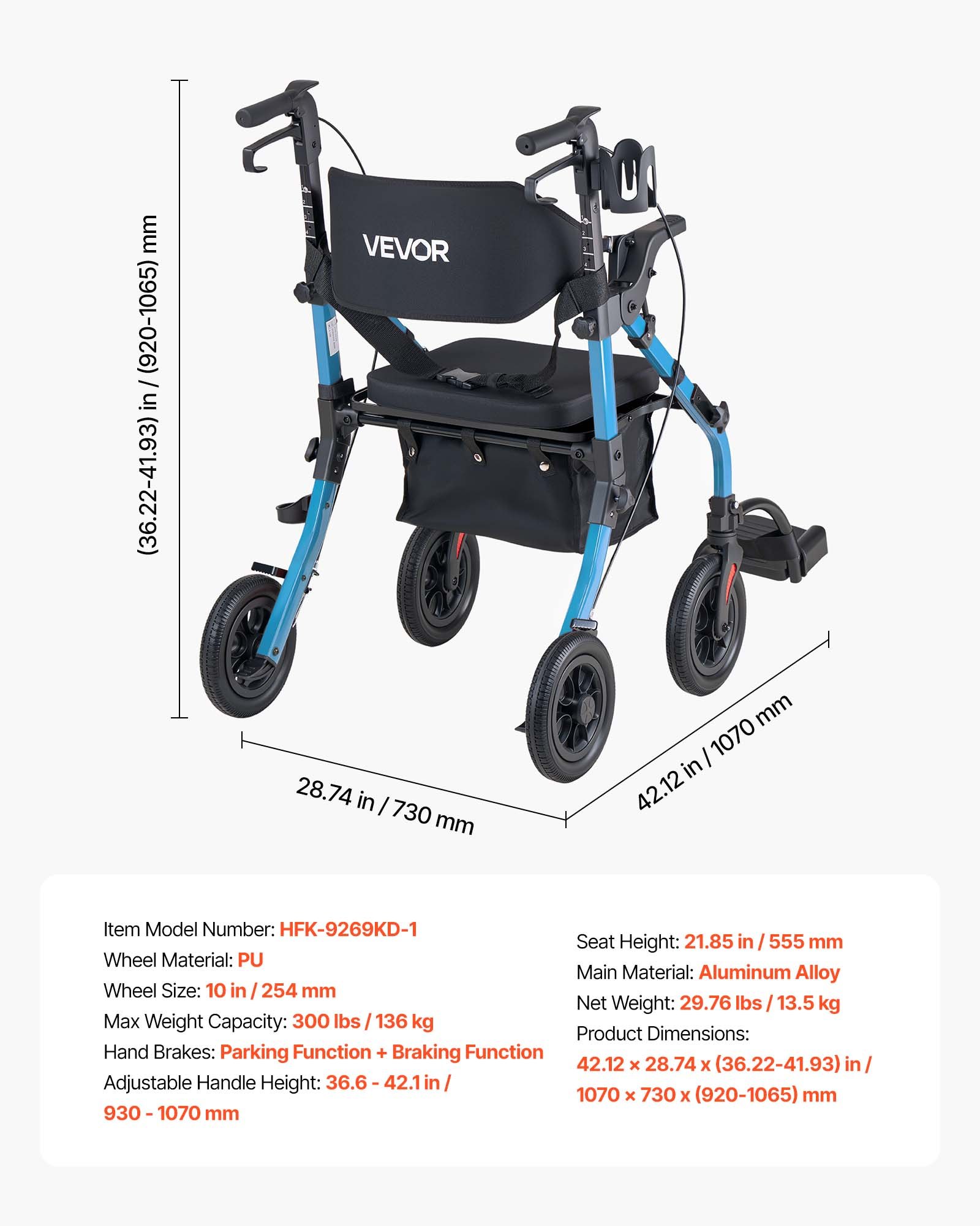 VEVOR 2-in-1 Rollator Faltbar mit Sitz, Leichter Gehwagen mit Reifen, Gehhilfe bis 136 kg mit Rückenlehne Tasche Gehstockhalter, Höhenverstellbare Laufhilfe mit Feststellfunktion für Senioren, Blau