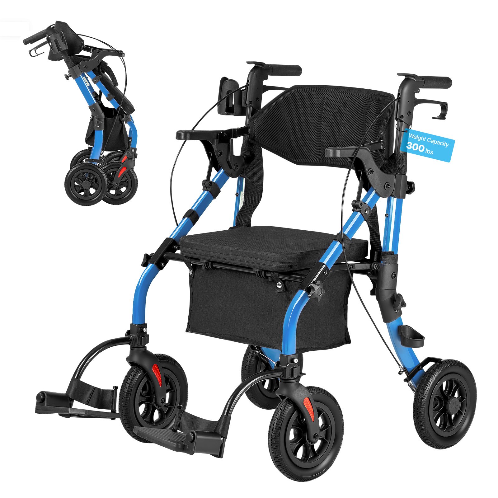 VEVOR 2-in-1 Rollator Faltbar mit Sitz, Leichter Gehwagen mit Reifen, Gehhilfe bis 136 kg mit Rückenlehne Tasche Gehstockhalter, Höhenverstellbare Laufhilfe mit Feststellfunktion für Senioren, Blau