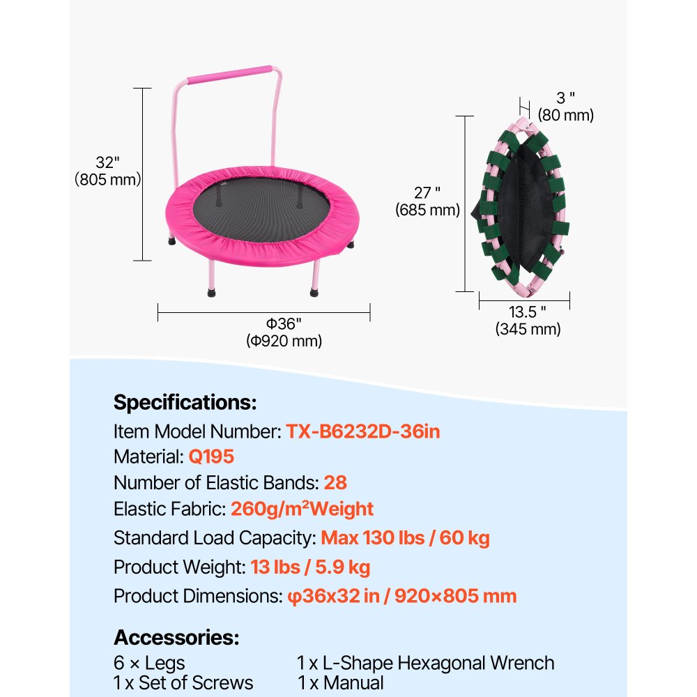 VEVOR Kindertrampolin Outdoor-Trampolin 91,44 cm faltbares Trampolin mit Griff, Rebounder-Trampolin Gartentrampolin für Kleinkinder, Geburtstagsgeschenk für Kinder ab 3 Jahren 100 kg belastbar Rosa