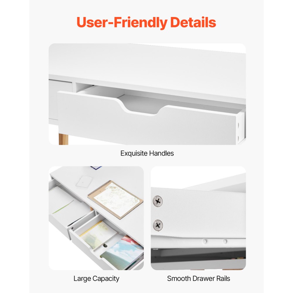 VEVOR kleiner Schreibtisch mit 2 Schubladen für Schlafzimmer, einfacher Arbeitstisch aus Holz zum Zeichnen, Lesen, rechteckiger Arbeitstisch aus MDF mit Ablage für Zuhause Büro, Weiß + Holz