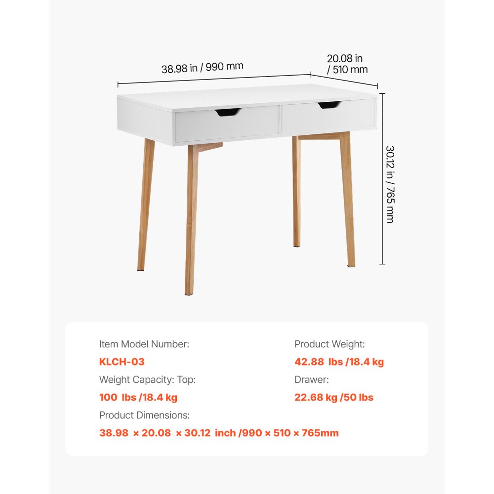 VEVOR kleiner Schreibtisch mit 2 Schubladen für Schlafzimmer, einfacher Arbeitstisch aus Holz zum Zeichnen, Lesen, rechteckiger Arbeitstisch aus MDF mit Ablage für Zuhause Büro, Weiß + Holz