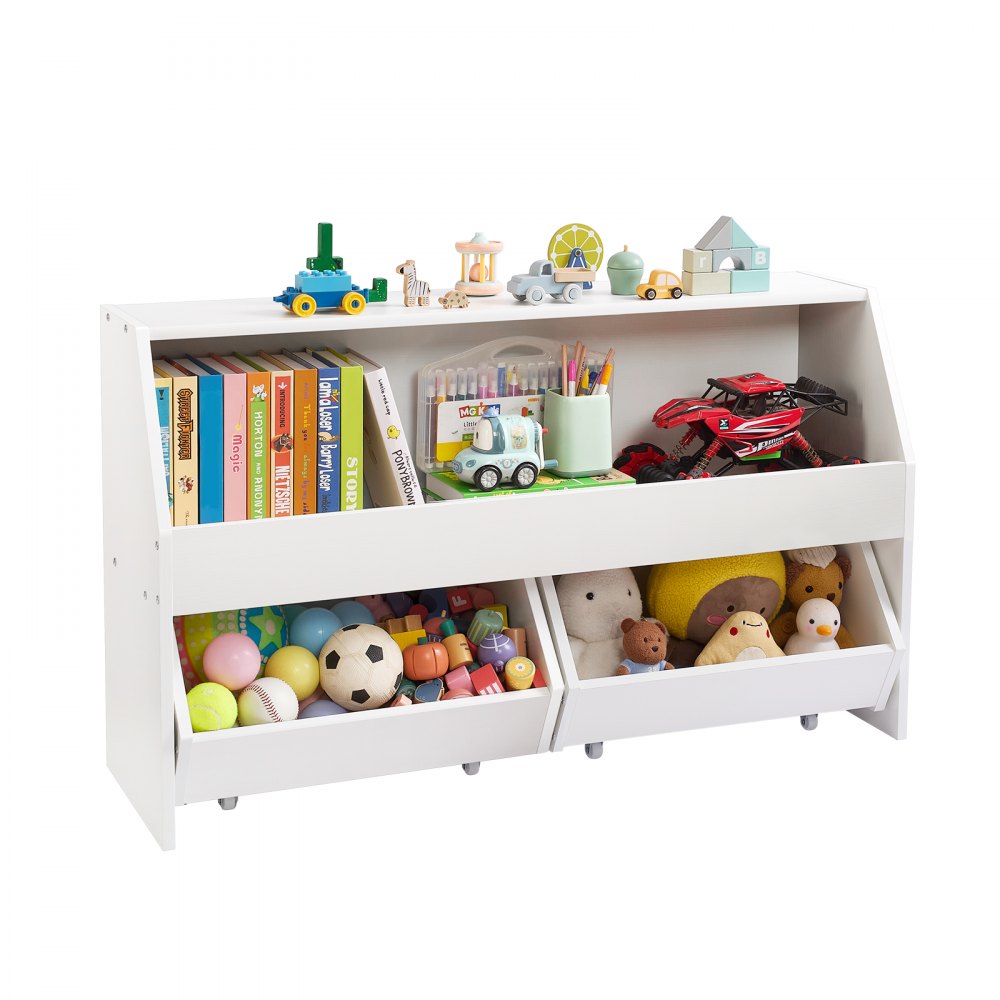 VEVOR Kinderregal Bücherregal aus Holz mit Stauraum, Spielzeugschrank mit 2 mobilen Schubladen, Aufbewahrungsschrank für Spielzeug, Spielzeugregal für Schlafzimmer Kinderzimmer Wohnzimmer, weiß
