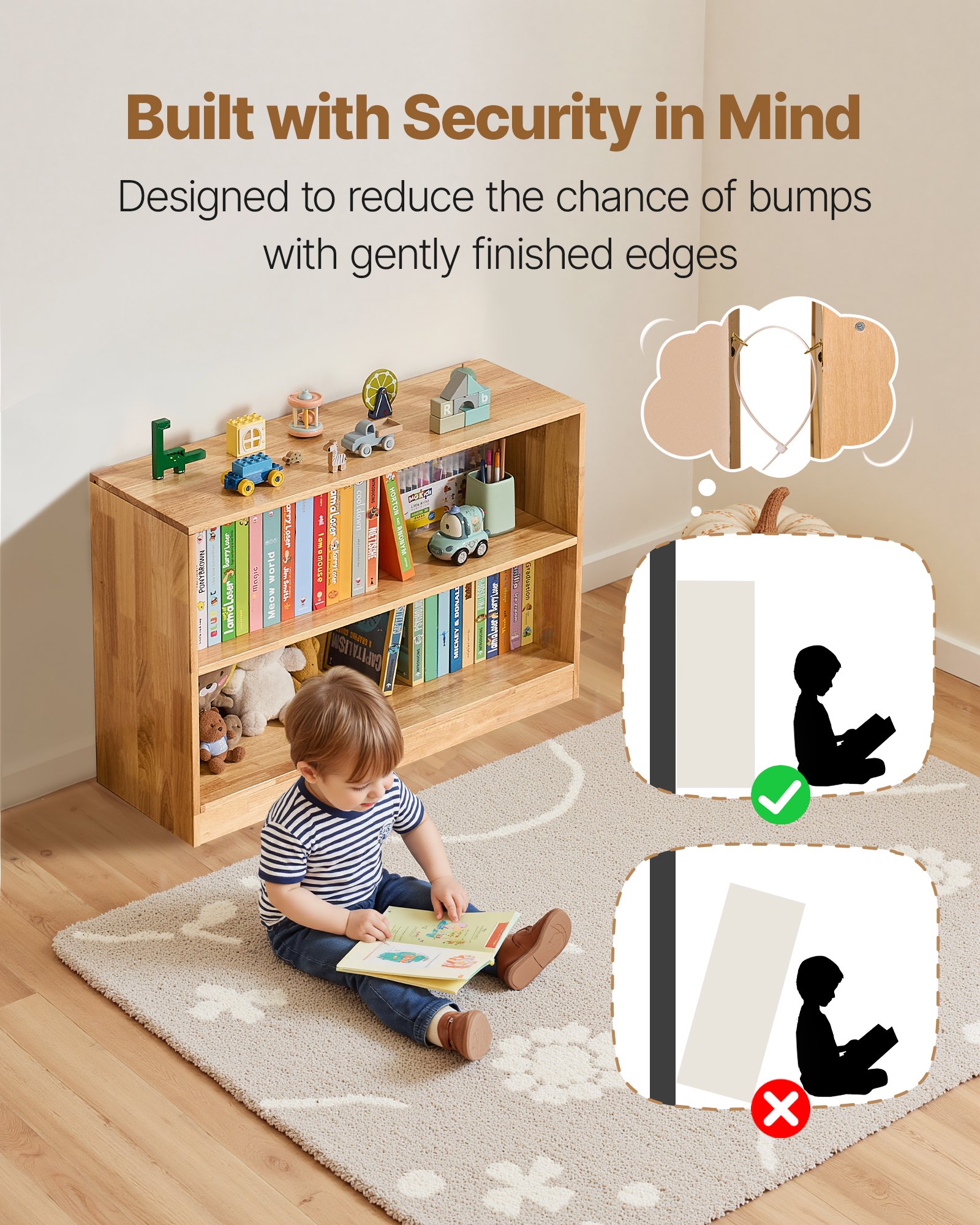 VEVOR Montessori Bookshelf, 870 mm Width Toy Storage Organizer,  2-Tier Kids Display Storage Cabinet, Daycare Furniture, Kids Bookshelf for Bedroom, Nursery, Living Room, Entryway, Preschool, Brown