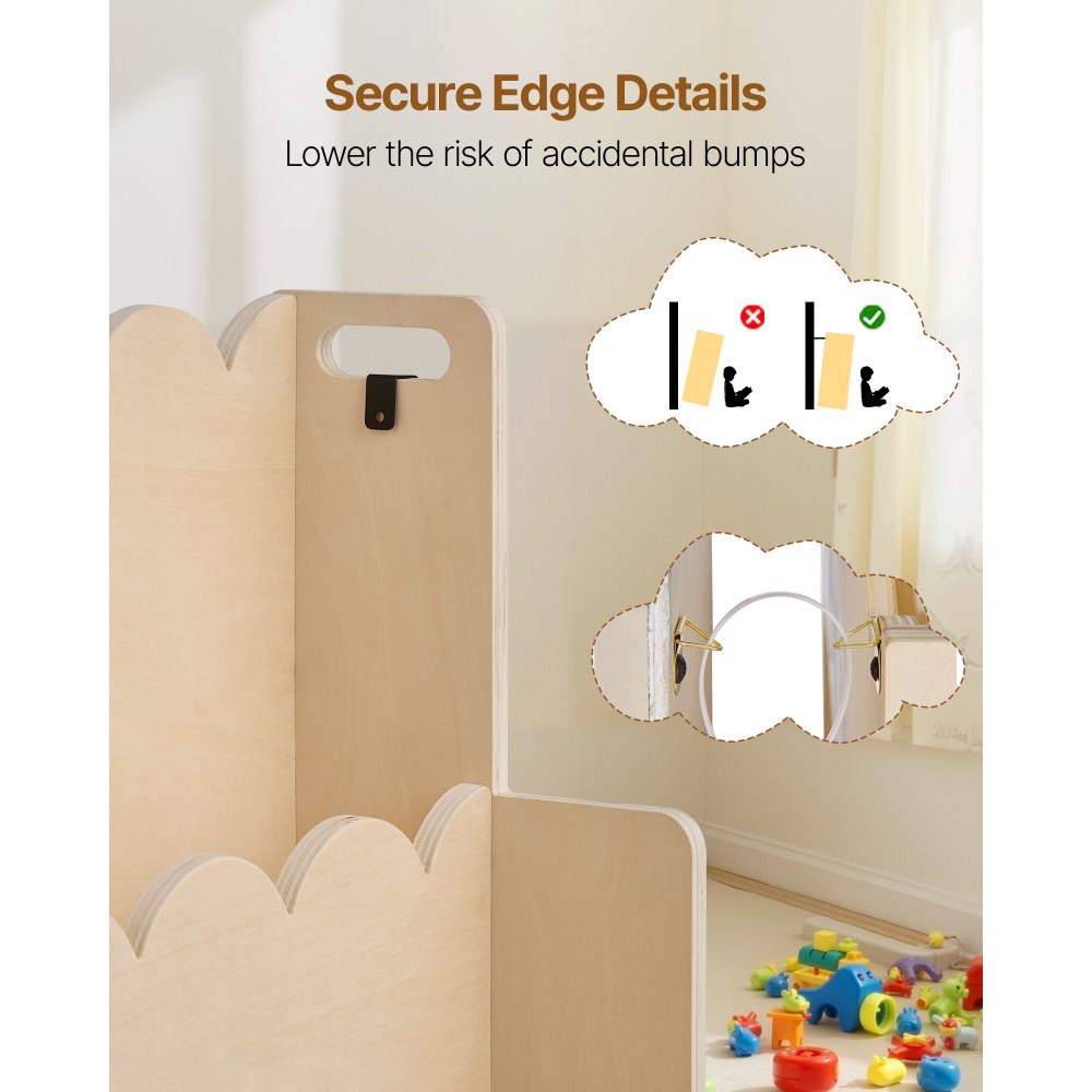 VEVOR Montessori Bücherregal 3-stöckiges Kinderbücherregal mit Wellenschliff, nach vorne gerichtetes Büchergestell mit Doppelhaken, Babybücherregal Kinderzimmerregal für Vorschule Kindergarten