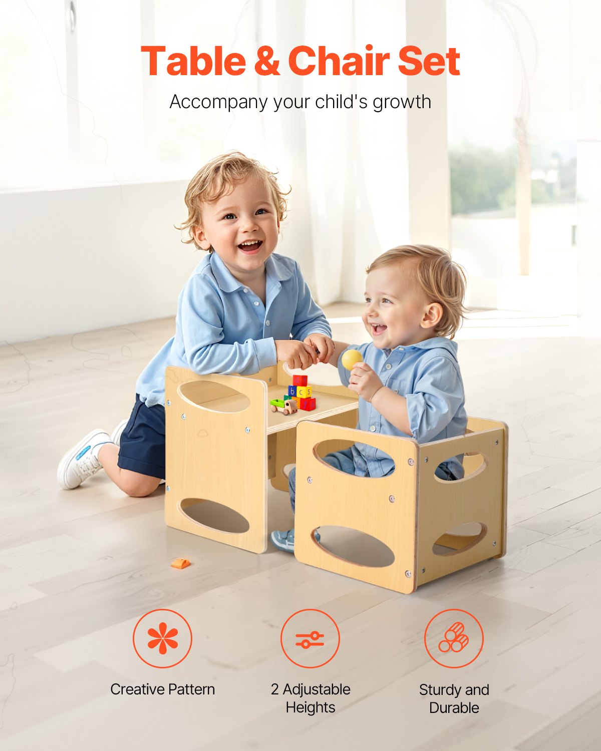 VEVOR Montessori Tisch Stuhlset Kleinkindertischset (1 Tisch + 1 Stuhl) aus Holz für 1–5-Jährige, höhenverstellbarer Aktivitätstisch Spieltisch für Kinder, ideal zum Lesen Essen Spielen – Natur