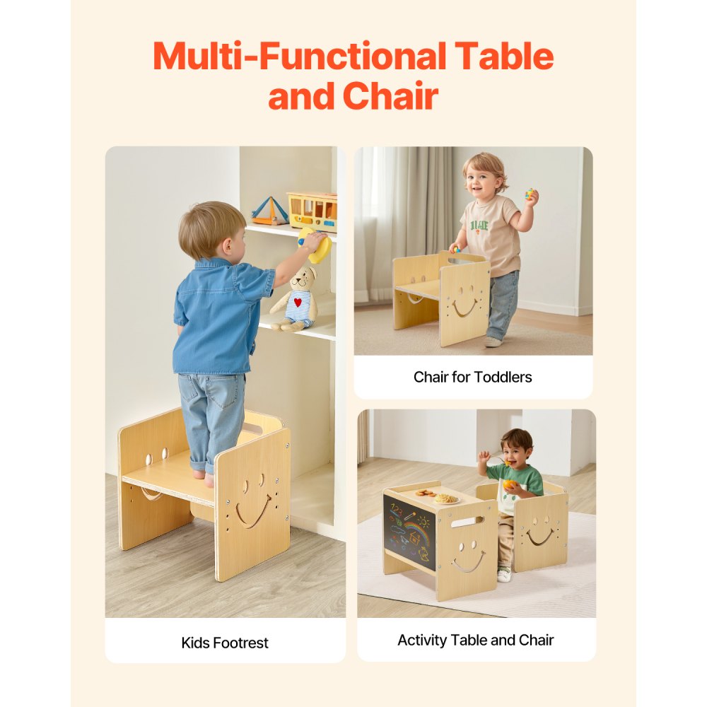 VEVOR Montessori Tisch Stuhlset Kleinkindertischset (mit Tafel) aus Holz für 1–5-Jährige, höhenverstellbarer Kinderstuhl Aktivitätstisch Spieltisch, ideal zum Lesen Essen Spielen – Natur