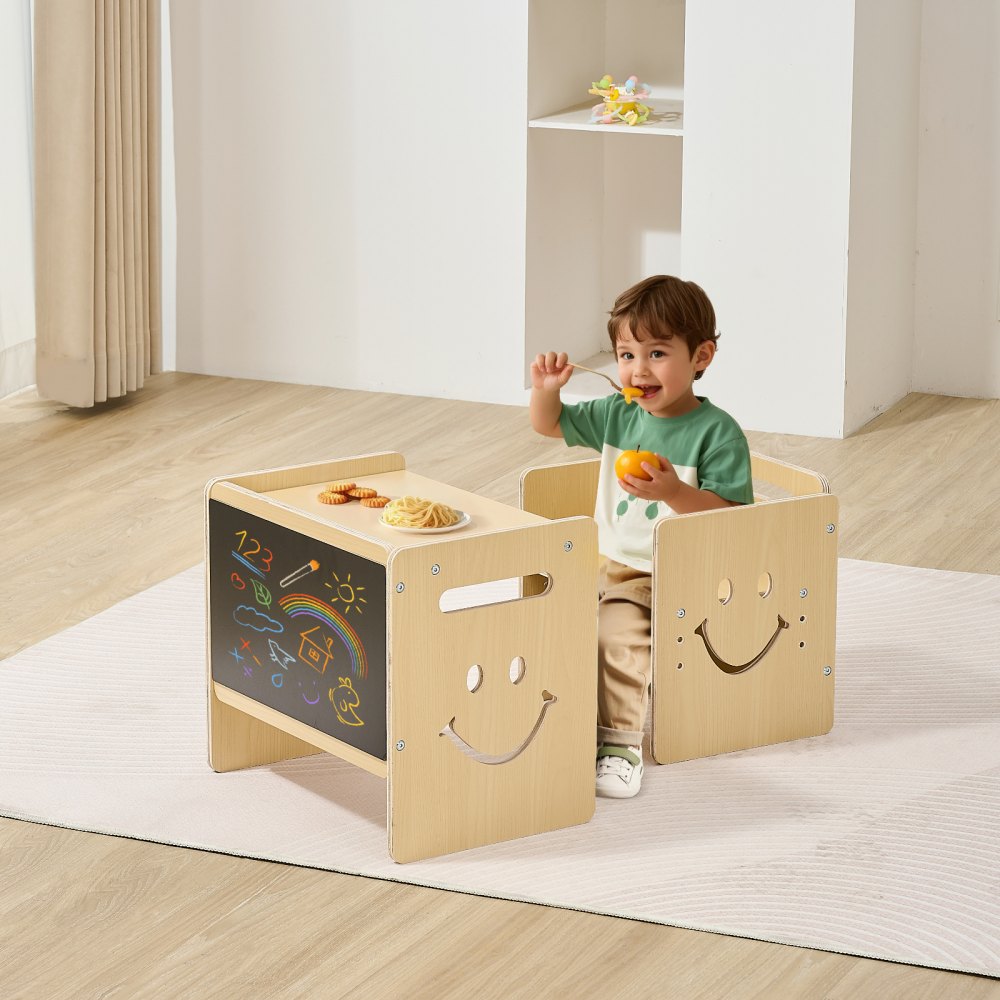 VEVOR Montessori Tisch Stuhlset Kleinkindertischset (mit Tafel) aus Holz für 1–5-Jährige, höhenverstellbarer Kinderstuhl Aktivitätstisch Spieltisch, ideal zum Lesen Essen Spielen – Natur