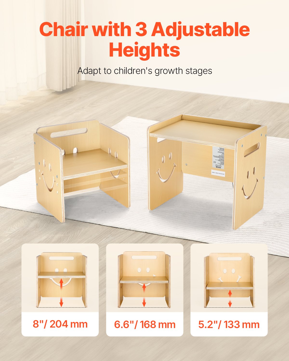 VEVOR Montessori Tisch Stuhlset Kleinkindertischset (mit Tafel) aus Holz für 1–5-Jährige, höhenverstellbarer Kinderstuhl Aktivitätstisch Spieltisch, ideal zum Lesen Essen Spielen – Natur