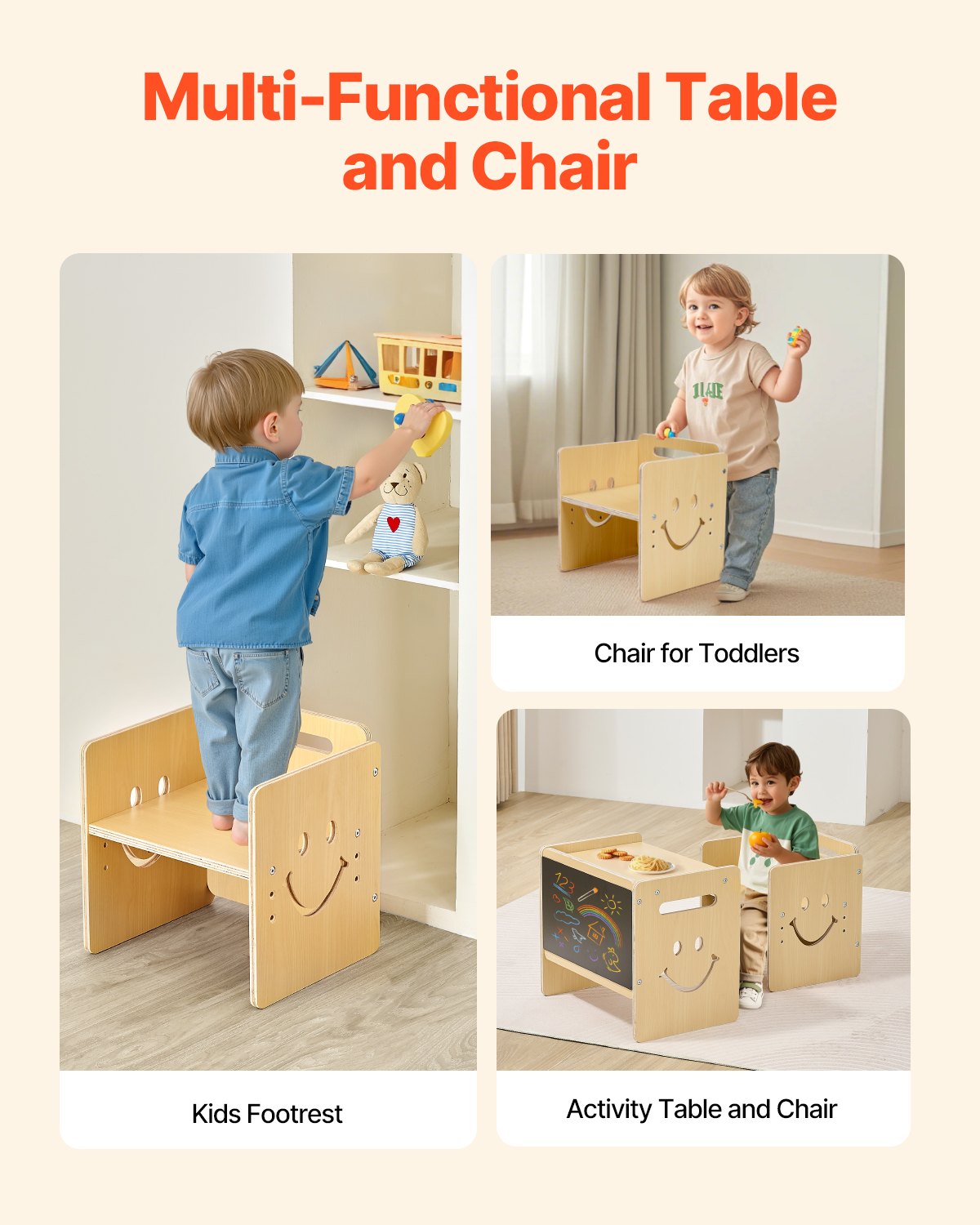 VEVOR Montessori Tisch Stuhlset Kleinkindertischset (mit Tafel) aus Holz für 1–5-Jährige, höhenverstellbarer Kinderstuhl Aktivitätstisch Spieltisch, ideal zum Lesen Essen Spielen – Natur