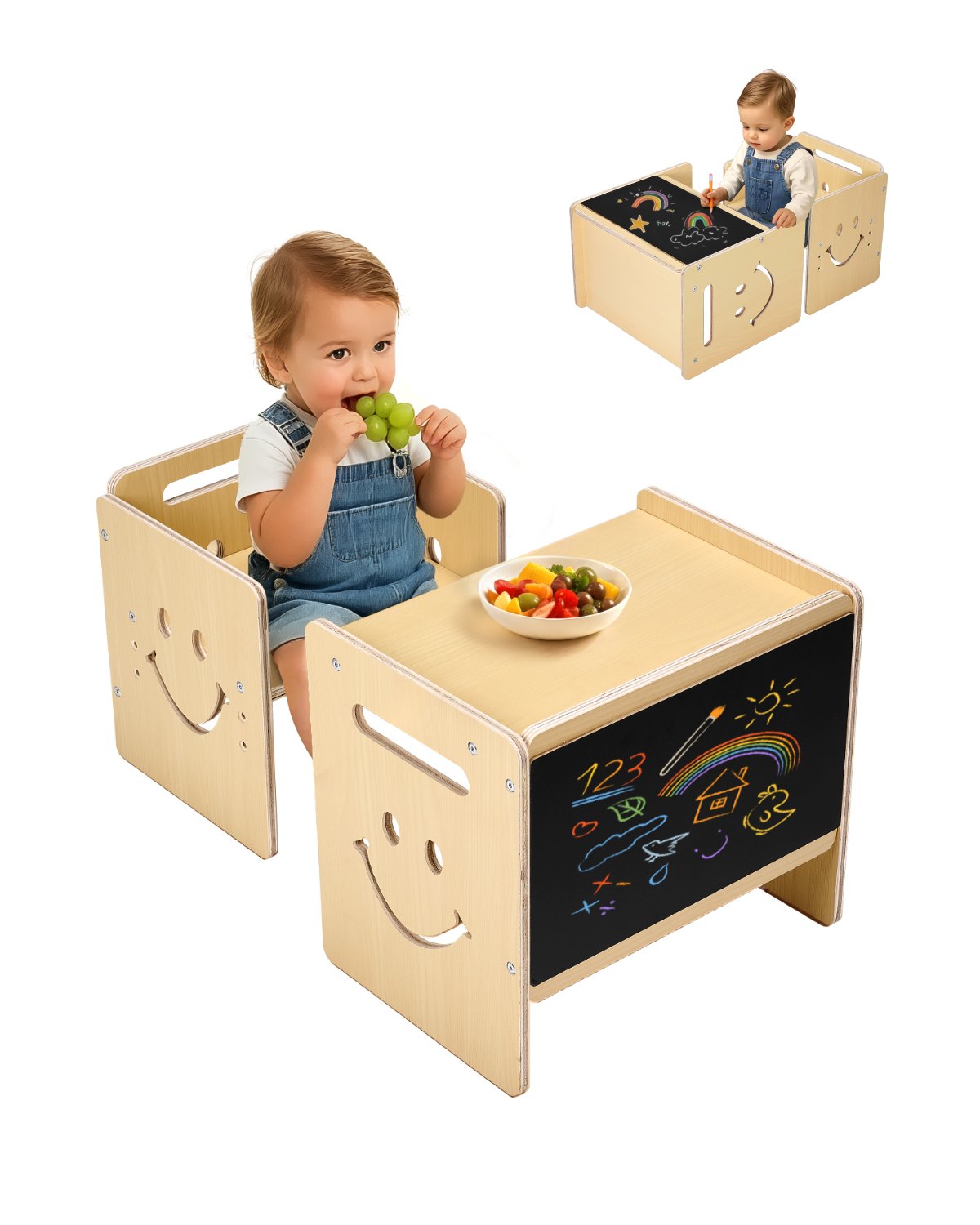 VEVOR Montessori Tisch Stuhlset Kleinkindertischset (mit Tafel) aus Holz für 1–5-Jährige, höhenverstellbarer Kinderstuhl Aktivitätstisch Spieltisch, ideal zum Lesen Essen Spielen – Natur