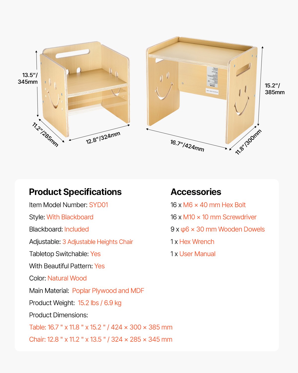 VEVOR Montessori Tisch Stuhlset Kleinkindertischset (mit Tafel) aus Holz für 1–5-Jährige, höhenverstellbarer Kinderstuhl Aktivitätstisch Spieltisch, ideal zum Lesen Essen Spielen – Natur