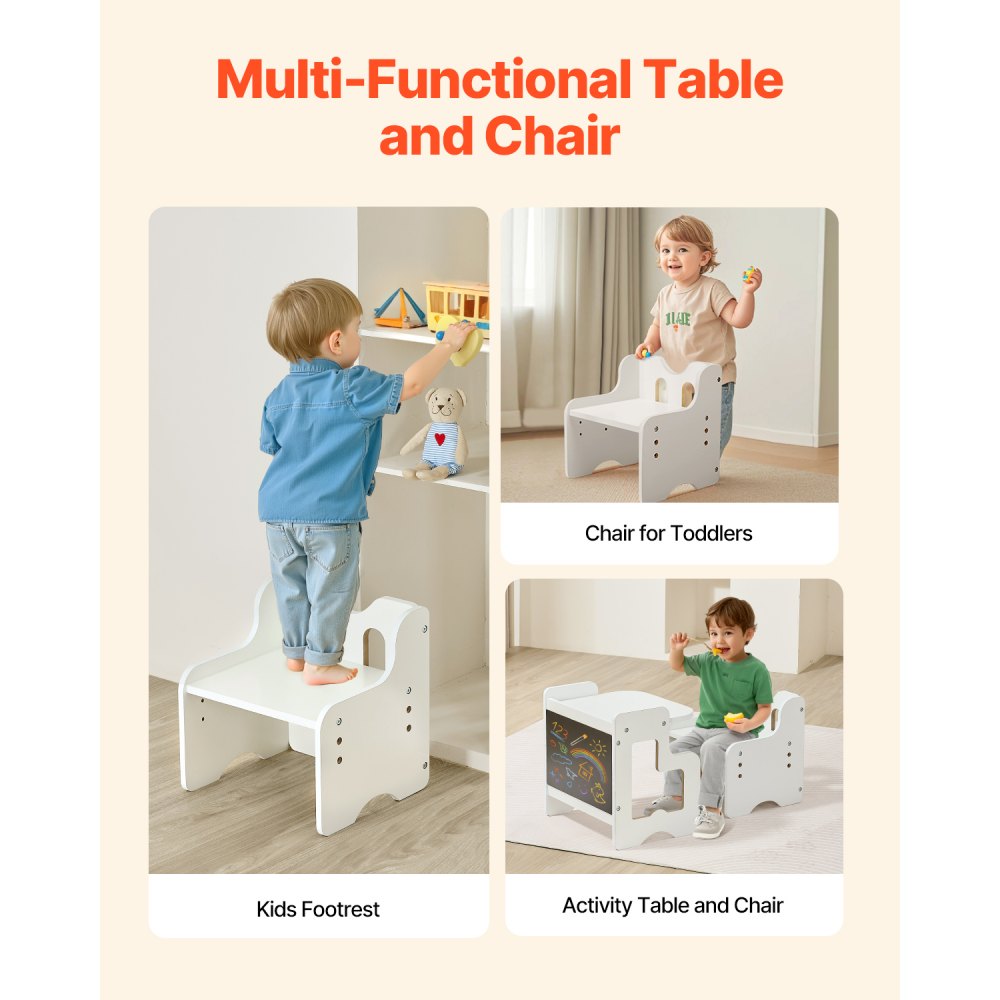 VEVOR Montessori Table and Chair Set for Toddlers (with Chalkboard) Made of Wood for 1-5 Year Olds, Height-Adjustable Activity Table and Play Table for Children, Ideal for Reading, Eating, and Playing – White