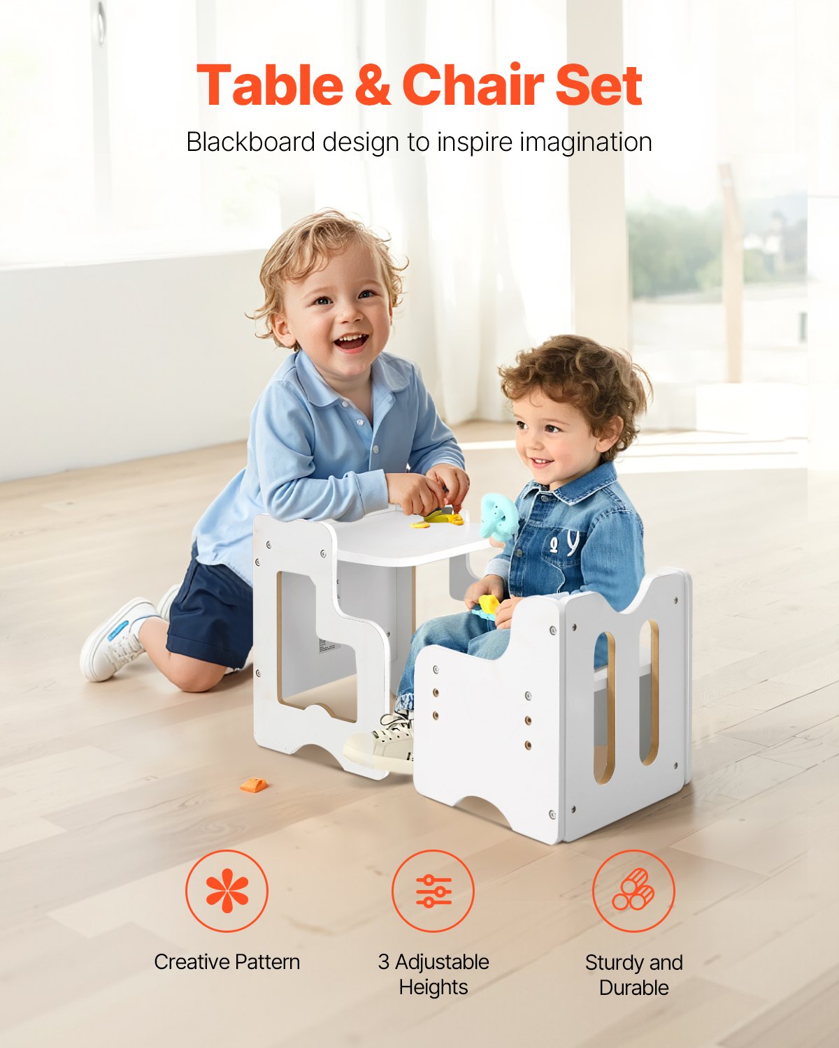 VEVOR Montessori Table and Chair Set for Toddlers (with Chalkboard) Made of Wood for 1-5 Year Olds, Height-Adjustable Activity Table and Play Table for Children, Ideal for Reading, Eating, and Playing – White