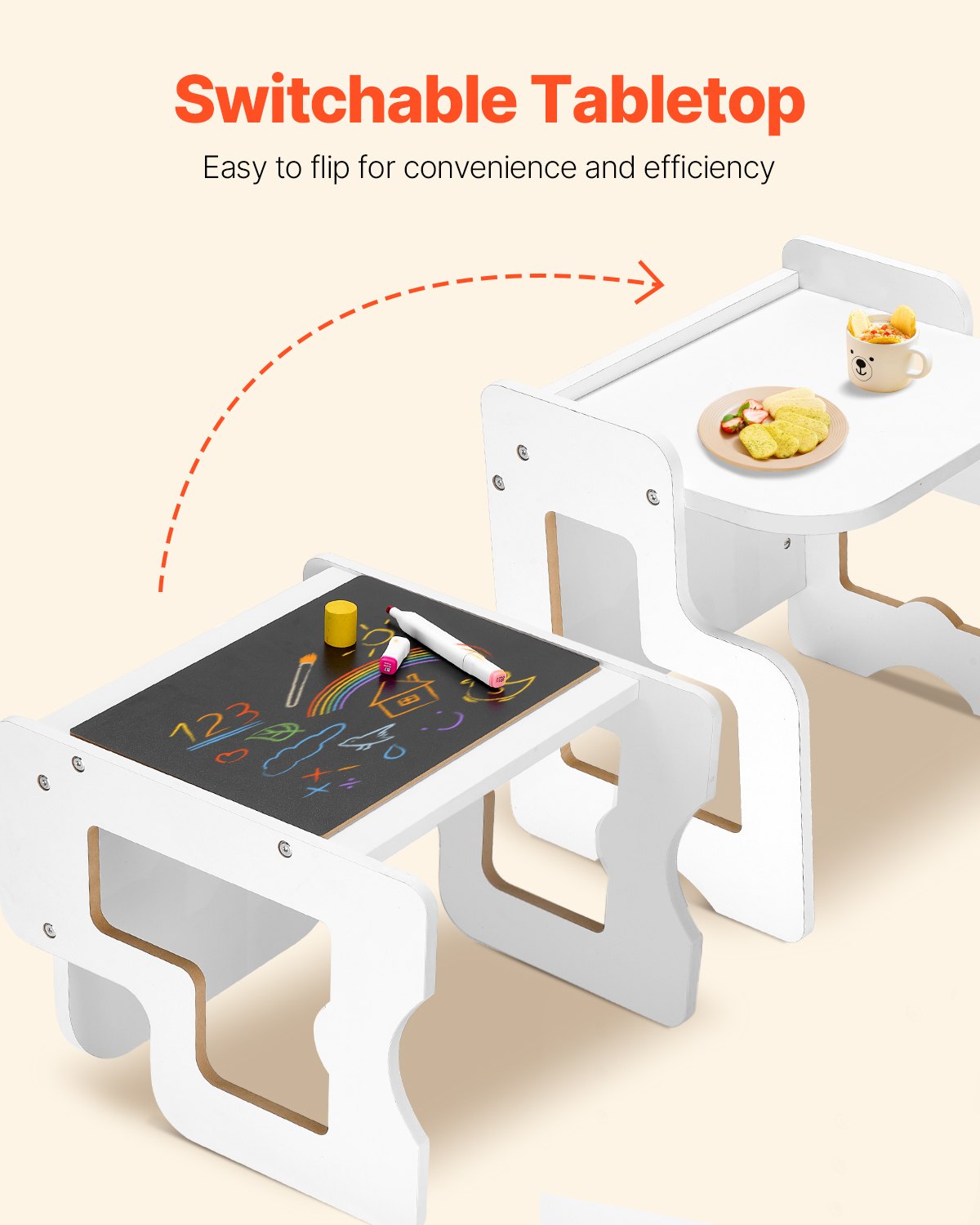 VEVOR Montessori Table and Chair Set for Toddlers (with Chalkboard) Made of Wood for 1-5 Year Olds, Height-Adjustable Activity Table and Play Table for Children, Ideal for Reading, Eating, and Playing – White