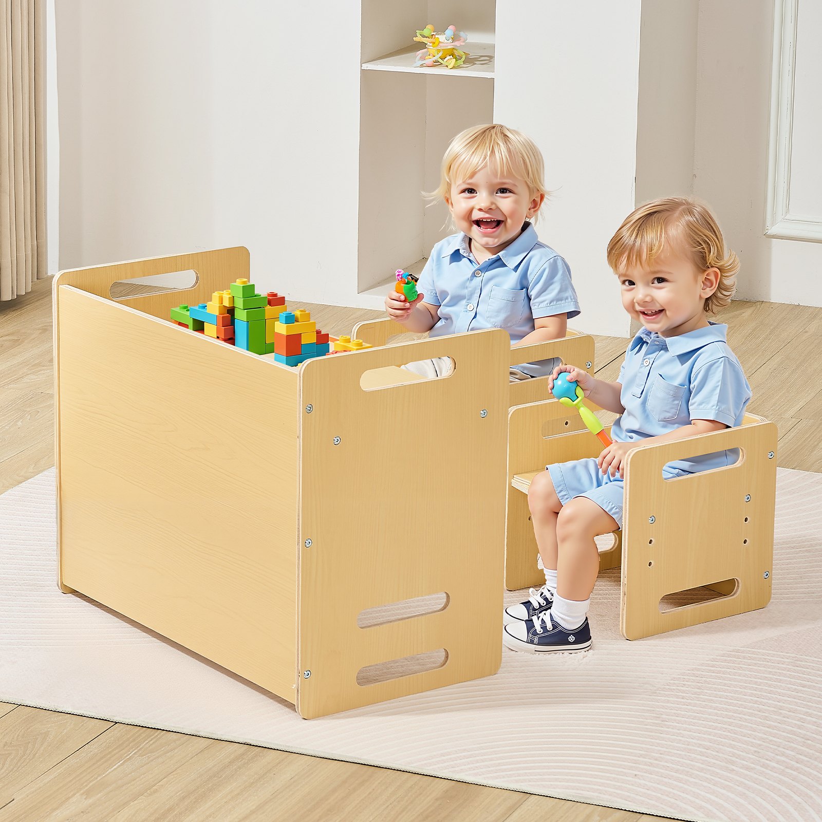 VEVOR Montessori Tisch Stuhlset Kleinkindertischset (1 Tisch + 2 Stühle) aus Holz für 1–5-Jährige, höhenverstellbarer Kinderstul, Aktivitätstisch Spieltisch ideal zum Lesen Essen Spielen – Natur