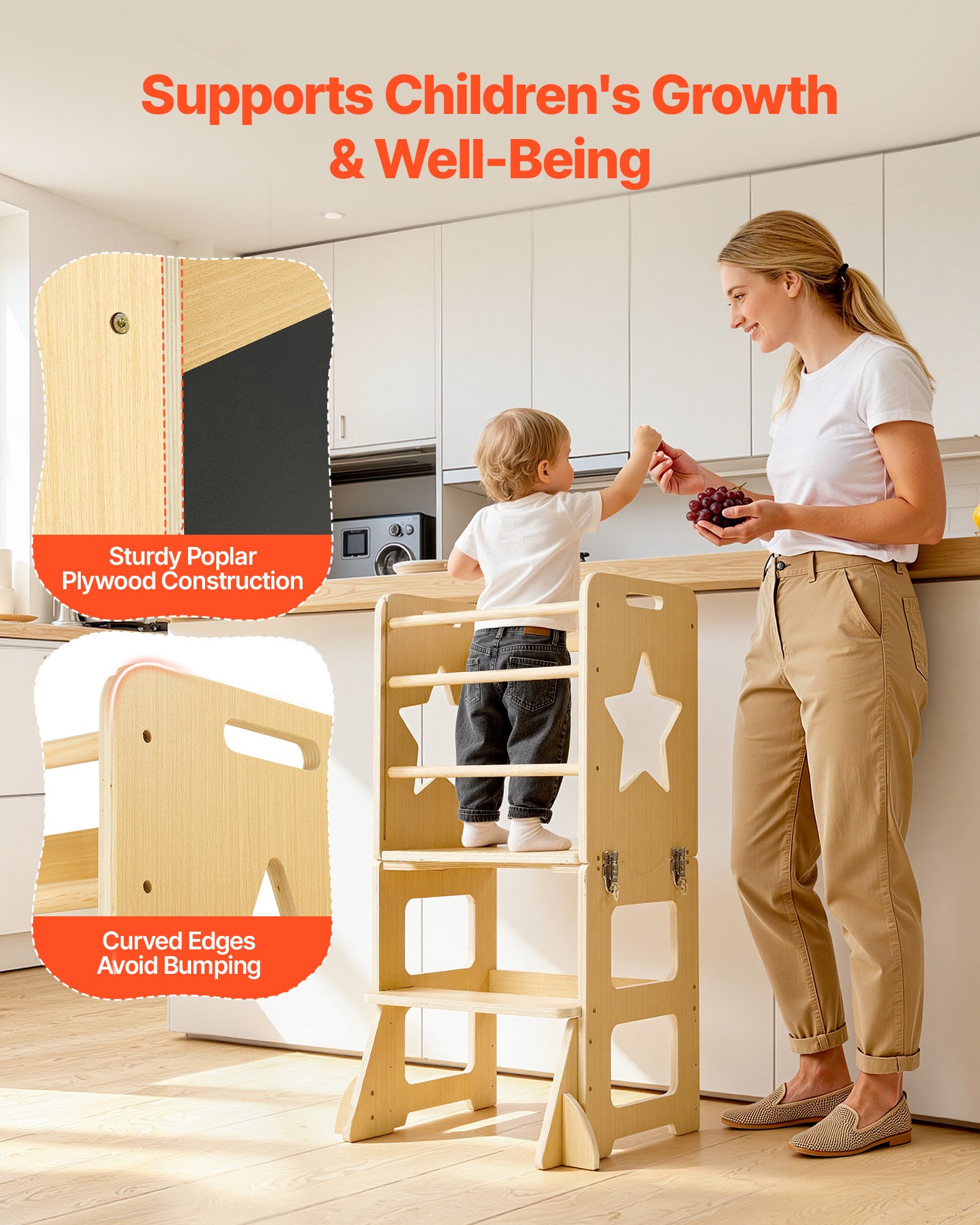 VEVOR Lernturm für Kinder von 1–5 Jahren, 4-in-1-Lernstuhl, Montessori-Tisch- & Stuhlset, Kindertritt aus Holz, Montessori Learning Tower mit Tafel, Kindermöbel für Bad & Küchenarbeitsplatte