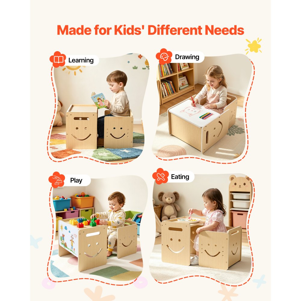 VEVOR Montessori-Tisch- & Stuhlset, Holz, Kindersitzgruppe für Kleinkinder von 1-5 Jahren, Tritthocker mit Whiteboard & 3-Fach Höhenverstellbar, zum Essen, Zeichnen, Lesen & Spielen