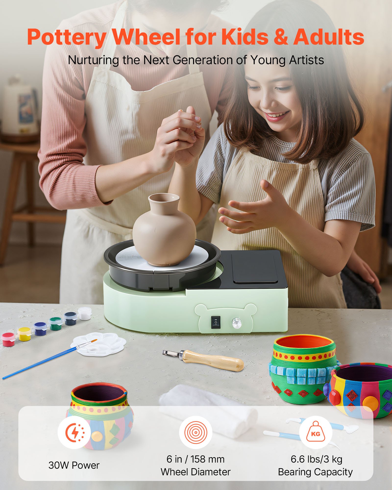 VEVOR Mini Töpferscheibe Maschine 158 mm Drehteller mit einstellbarer Rotationsgeschwindigkeit, elektrische Tonscheibe mit Tonformungswerkzeugen, geeignet für Heimwerken Töpferkurse, Grün