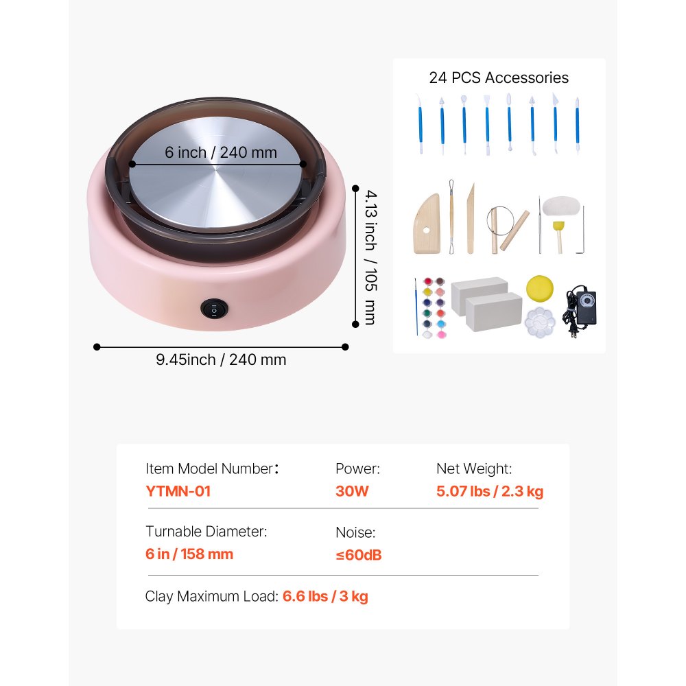 VEVOR Mini Töpferscheibe Maschine 158 mm Drehteller mit einstellbarer Rotationsgeschwindigkeit (0-140 U/min), elektrische Tonscheibe mit Tonformungswerkzeugen für Heimwerken Töpferkurse, Rosa rund