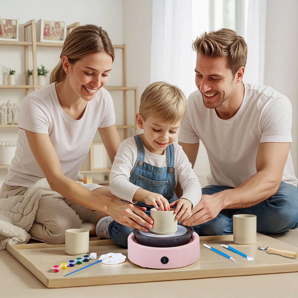 VEVOR Mini Töpferscheibe Maschine 158 mm Drehteller mit einstellbarer Rotationsgeschwindigkeit (0-140 U/min), elektrische Tonscheibe mit Tonformungswerkzeugen für Heimwerken Töpferkurse, Rosa rund
