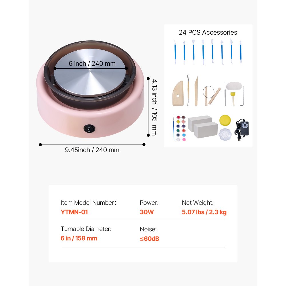 VEVOR Mini Töpferscheibe Maschine 158 mm Drehteller mit einstellbarer Rotationsgeschwindigkeit (0-140 U/min), elektrische Tonscheibe mit Tonformungswerkzeugen für Heimwerken Töpferkurse, Rosa rund