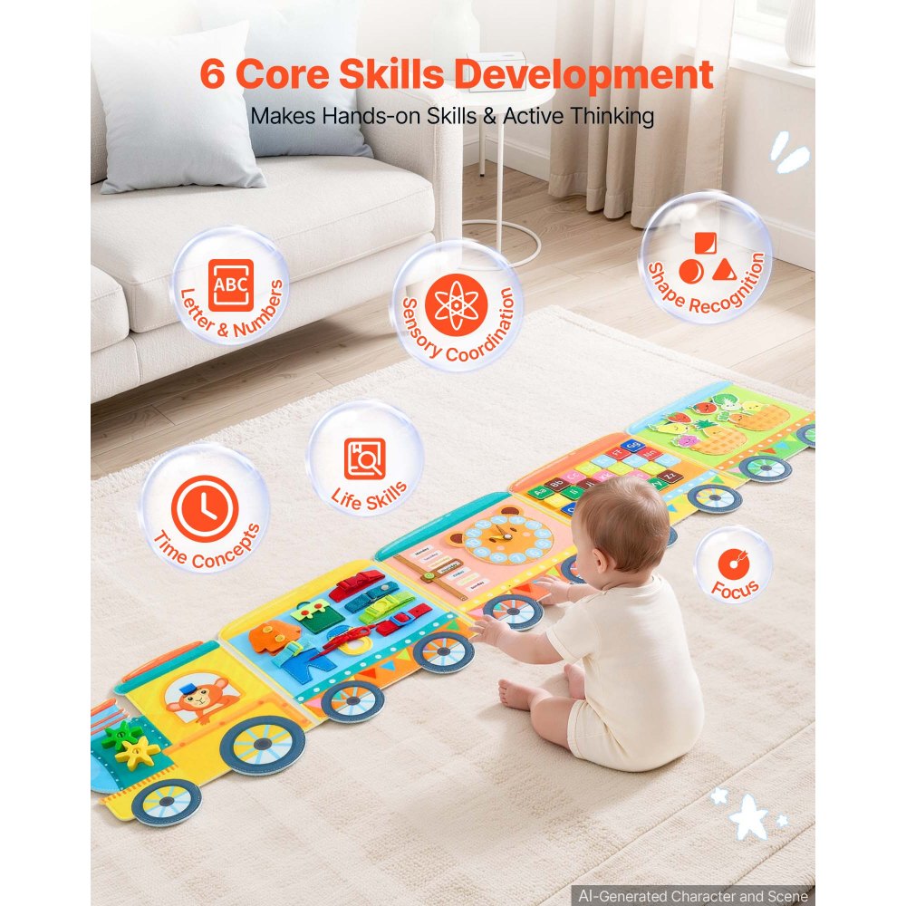 VEVOR Montessori Busy Board 14-in-1 Faltbares Wandmotorikbrett Zugthema, Aktivitätsbrett zur Bildung & Frühe Entwicklung für Kinder, Filzstoff, mit Buchstaben Früchten, Gemüse Uhr & Lernelementen