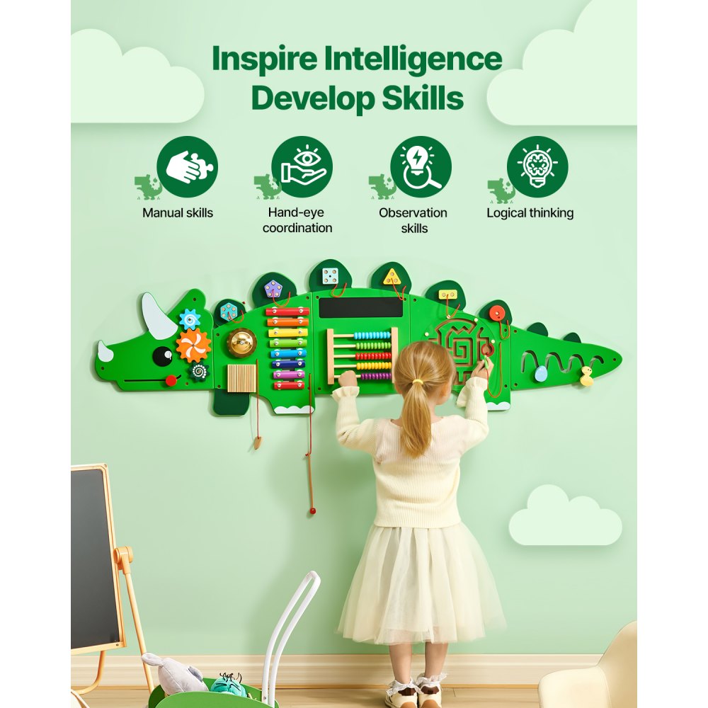 VEVOR Dinosaur Activity Wall, Motor Skills Board, 11 Games, Montessori Sensory Play Board for Children 3-12 Years Old, Learning Activity Center, Ideal for Children's Playrooms, Kindergartens, Classrooms