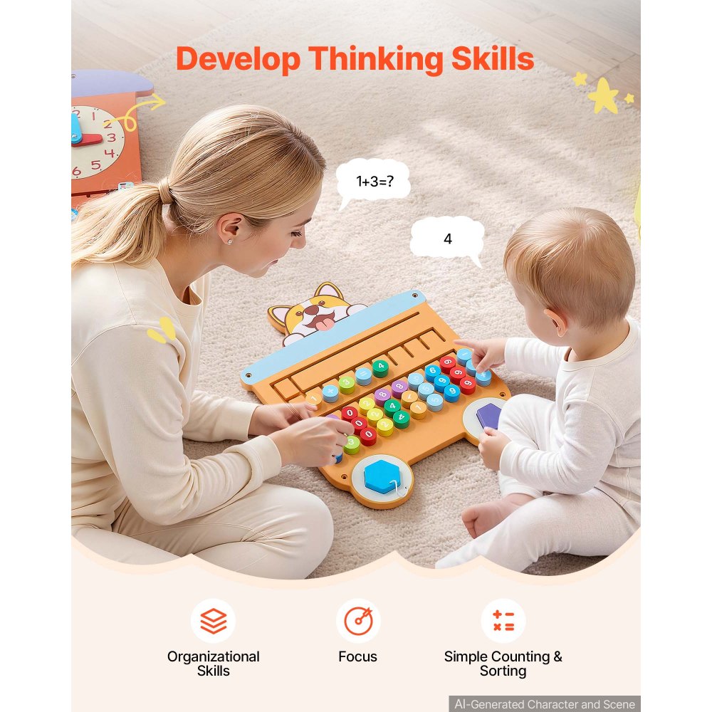VEVOR Montessori Busy Board 18-in-1 Sensorisches Motorikbrett aus Holz Zug, Lernspielzeug zur Bildung & Frühe Entwicklung für Kita Zuhause, aus MDF-Platten, mit Xylophon Uhr Zahnrädern & Lernelementen