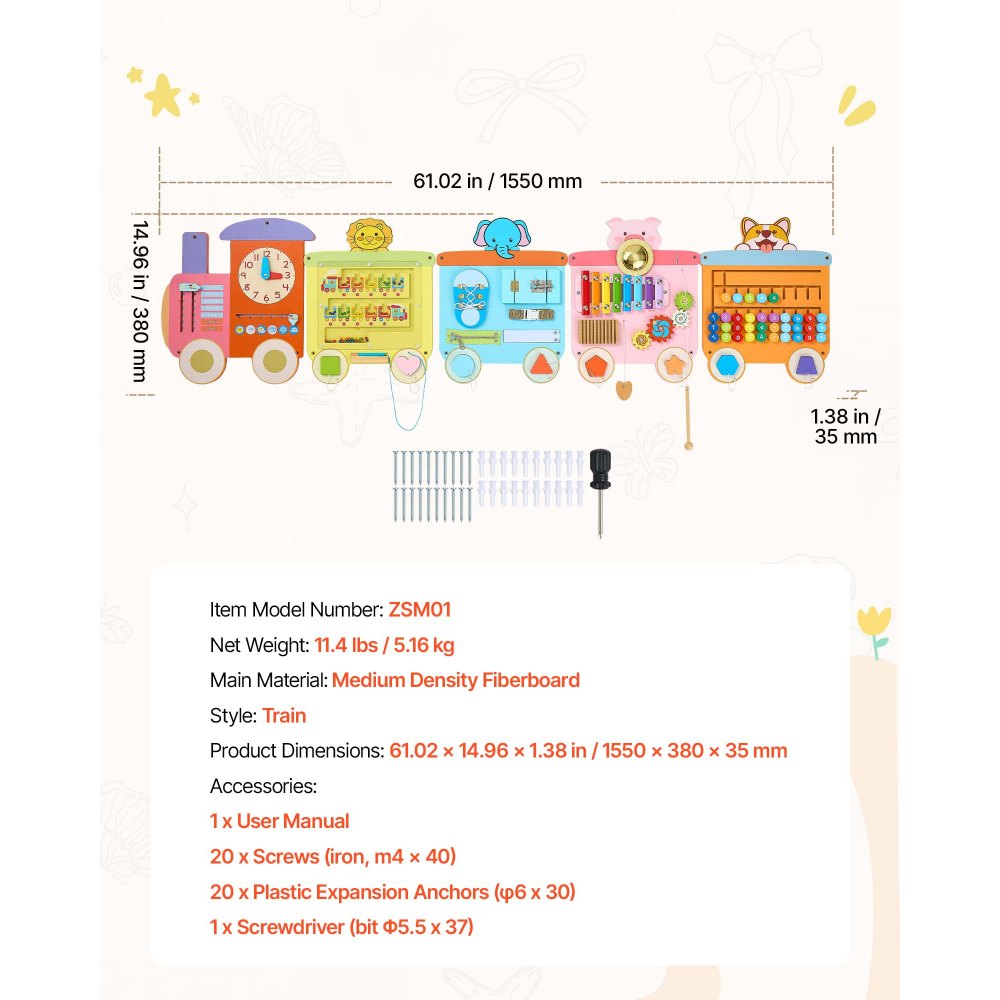 VEVOR Montessori Busy Board 18-in-1 Sensorisches Motorikbrett aus Holz Zug, Lernspielzeug zur Bildung & Frühe Entwicklung für Kita Zuhause, aus MDF-Platten, mit Xylophon Uhr Zahnrädern & Lernelementen