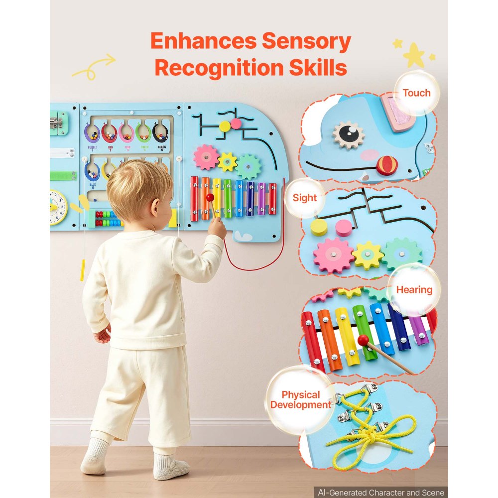VEVOR Montessori Busy Board 14-in-1 Sensorisches Wandmotorikbrett Elefant, Beschäftigungsbrett zur Bildung & Frühe Entwicklung für Kinder, aus MDF-Platten, mit Xylophon Uhr Zahnrädern & Lernelementen