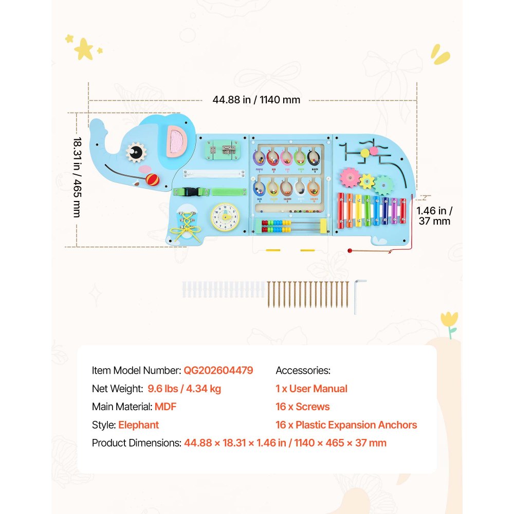 VEVOR Montessori Busy Board 14-in-1 Sensorisches Wandmotorikbrett Elefant, Beschäftigungsbrett zur Bildung & Frühe Entwicklung für Kinder, aus MDF-Platten, mit Xylophon Uhr Zahnrädern & Lernelementen
